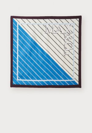 Sininen kuviollinen huivi, jossa on vinot raidat, valkoinen neliöreunus ja "MAX & CO" -teksti purppurana. Huivilla on sileä rakenne ja kontrastiset reunat.