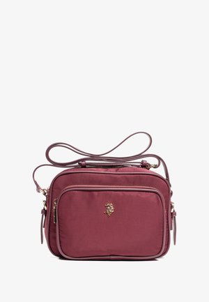 Borsa a tracolla bordeaux in nylon, con tasca frontale con zip, hardware dorato e tracolla regolabile. Compatta e di forma rettangolare.