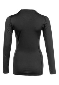 Schwarzes Langarmshirt mit glatter Textur und engem Schnitt. Verfügt über einen Rundhalsausschnitt und flache Nähte für Komfort und Langlebigkeit.