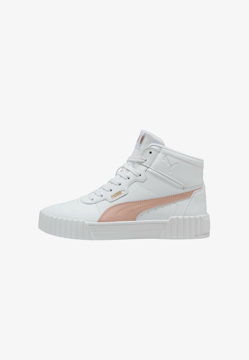 Witte hoge sneakers met een lichtroze zijstreep, veters, gestileerde zool en een subtiele Puma-logo op de zijkant en op de tong.