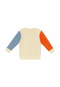 Crème sweatshirt met blauwe, oranje en lichtbeige mouwen. Heeft een ronde halslijn en ribgebreide boorden, gemaakt van een zachte, gestructureerde stof.