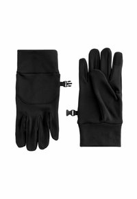 Black, stretchy gloves with a smooth texture; five-finger design; adjustable wrist closures; suitable for cold weather use.
