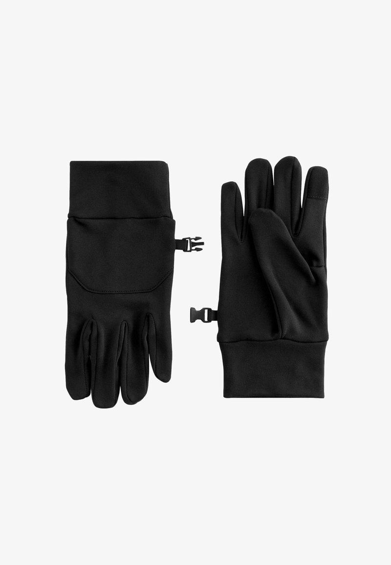 Mustat, joustavat käsineet, joissa on sileä pinta; viiden sormen malli; säädettävät rannekiinnikkeet; sopivat kylmään säähän.