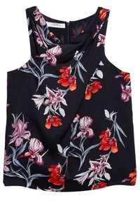 Top senza maniche nero con motivo floreale caratterizzato da fiori rossi e viola. Tessuto morbido, scollatura drappeggiata e chiusura con zip sul retro.