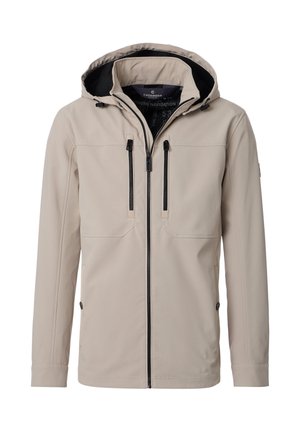 Beige Softshell-Jacke mit Kapuze, Frontreißverschluss, zwei vertikalen Brusttaschen mit Reißverschluss und seitlichen Taschen mit Druckknöpfen, auf weißem Hintergrund dargestellt.