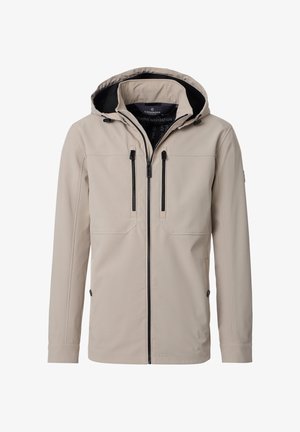 Beige Softshell-Jacke mit Kapuze, Frontreißverschluss, zwei vertikalen Brusttaschen mit Reißverschluss und seitlichen Taschen mit Druckknöpfen, auf weißem Hintergrund dargestellt.