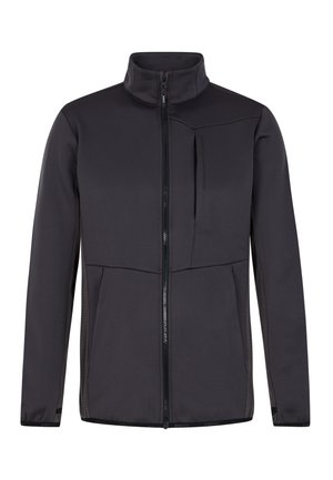 Zwarte zip-up jas gemaakt van zachte, rekbare stof met een hoge kraag, borstzak en zijzakken met rits voor opslag.