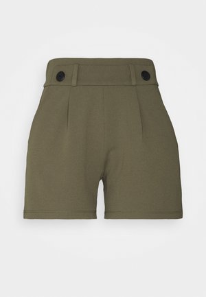 Hoch taillierte olivgrüne Shorts mit weitem Bund, zwei schwarzen Knöpfen und vorderen Falten.