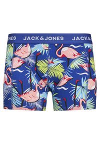Boxer shorts bleus avec un motif de flamant rose et de feuille de palmier, ceinture élastique avec le texte "JACK & JONES", tissu doux et coupe ajustée.