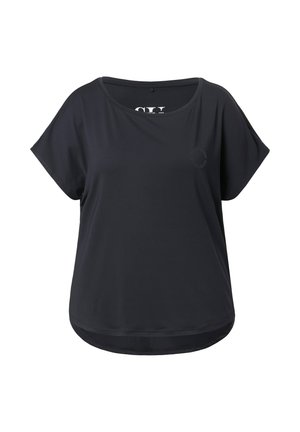 T-shirt nera a maniche corte, in vestibilità morbida, per donna, con collo rotondo e discreto logo circolare sul lato sinistro del petto.