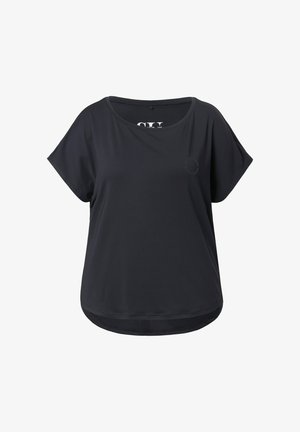 Schwarzes T-Shirt mit kurzen Ärmeln, rundem Ausschnitt und lockerem Sitz, mit dezentem Logodetail auf der Vorderseite und abgerundetem Saum.