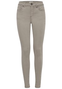 Jeans ajustados en color taupe claro, hechos de una mezcla de algodón. Cuentan con un diseño tradicional de cinco bolsillos y cierre de cremallera con botón.
