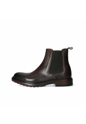 Stivaletto Chelsea in pelle marrone con pannelli elastici laterali, superficie liscia, punta arrotondata, linguetta sul retro e suola in gomma resistente.
