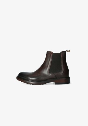 Stivaletto Chelsea in pelle marrone con pannelli elastici laterali, superficie liscia, punta arrotondata, linguetta sul retro e suola in gomma resistente.