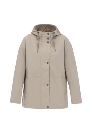 Beige wasserdichte Jacke mit Kapuze, vorderer Knopfleiste und zwei Seitentaschen. Ausgestattet mit verstellbaren Kordelzügen für eine individuell anpassbare Passform.