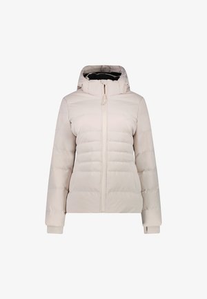 Pufferjack in lichtbeige met een afneembare capuchon, voorrits en ribgebreide manchetten. Beschikt over een horizontaal gestikt patroon voor isolatie.