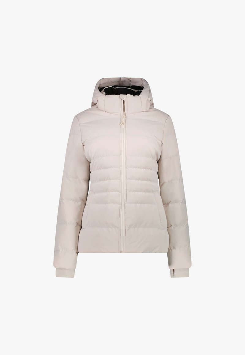 Pufferjack in lichtbeige met een afneembare capuchon, voorrits en ribgebreide manchetten. Beschikt over een horizontaal gestikt patroon voor isolatie.