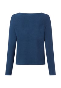 Blauw langärmelig shirt met een brede halslijn, geribbelde structuur en rechte snit. Naden details langs de schouders en rug.