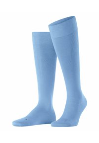 Calze al ginocchio in un morbido colore blu, realizzate in un materiale a coste con polsino antiscivolo e punta rinforzata per una maggiore durata.