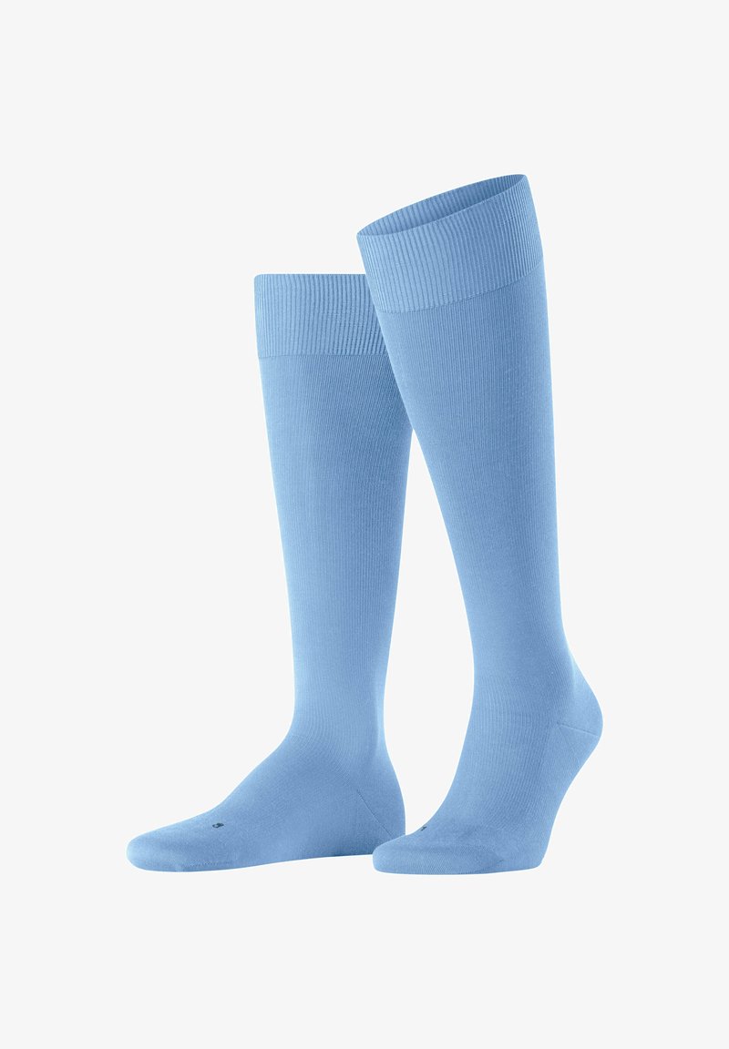 Knee-high sukad pehmeas sinises värvis, valmistatud ribatekstuuriga materjalist, millel on libisemisvastane varrukas ja tugevdatud varvas, et tagada suurem vastupidavus.