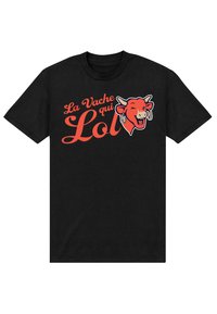 Černé bavlněné tričko s grafikou usmívající se krávy s naušnicemi, vedle textu "La Vache qui Lol" v oranžovém a bílém písmu.