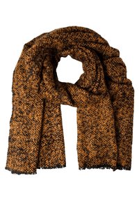 Écharpe épaisse tricotée de couleur marron avec des taches noires, pliée en boucle au centre, avec des extrémités à franges.