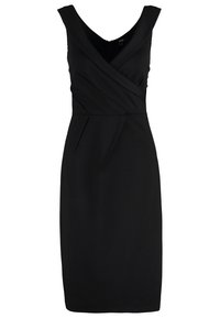 Robe noire sans manches avec un col en V et un design portefeuille. Réalisée en tissu lisse, avec des plis pour plus de détails. Silhouette ajustée.