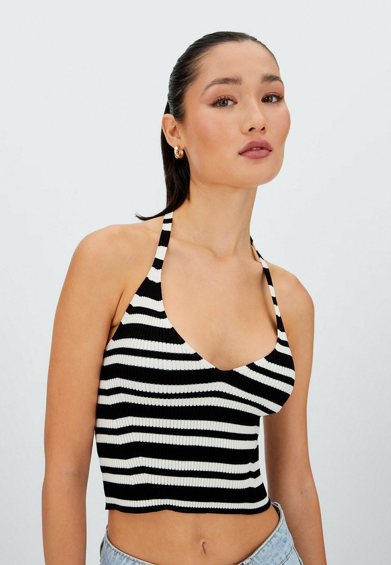 Damen T-Shirts | Stradivarius GESTREIFTES NECKHOLDER Top black/schwarz - OR14999 Damen T-Shirts | Stradivarius GESTREIFTES NECKHOLDER Top black/schwarz - OR14999