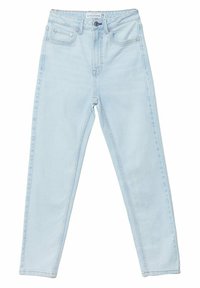 Světle modré džíny s přiléhavým střihem vyrobené z denimu. Mají pět kapes, přední zapínání na knoflíky a švy se šitím podél švů.