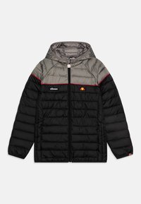 Padded jacket with a hood; features a grey top section, black body, red accent line, and logo on the chest. Lightweight, quilted texture.