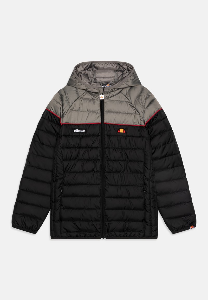 Padded jacket with a hood; features a grey top section, black body, red accent line, and logo on the chest. Lightweight, quilted texture.