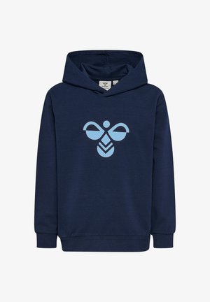 Navy blue hoodie with light blue abstract bee logo on the chest, long sleeves, and a front hood. No visible pockets or zippers.
