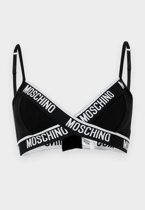 Mustast bralette õhukeste reguleeritavate rihmadega ja valgete elastsete ribadega ees, millel on korduv Moschino logo paksus kirjas.