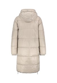 Lichtbeige pufferjas met een capuchon, met een quiltpatroon, lange mouwen en een verstelbare zoom. Soepele, glanzende stof met geribbelde manchetten.