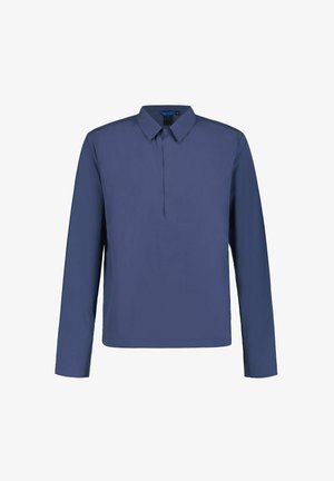 Miesten tummansininen pitkähihainen paita, jossa on terävä kaulus ja piilotettu nappilista, esillä valkoisella taustalla.