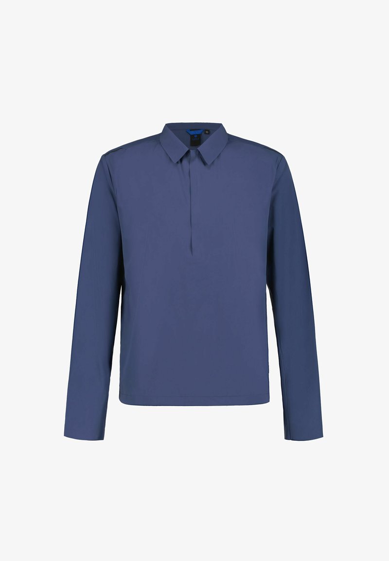 Pánská tmavě modrá košile s dlouhým rukávem, špičatým límcem a skrytou légu na knoflíky, zobrazena na bílém pozadí.