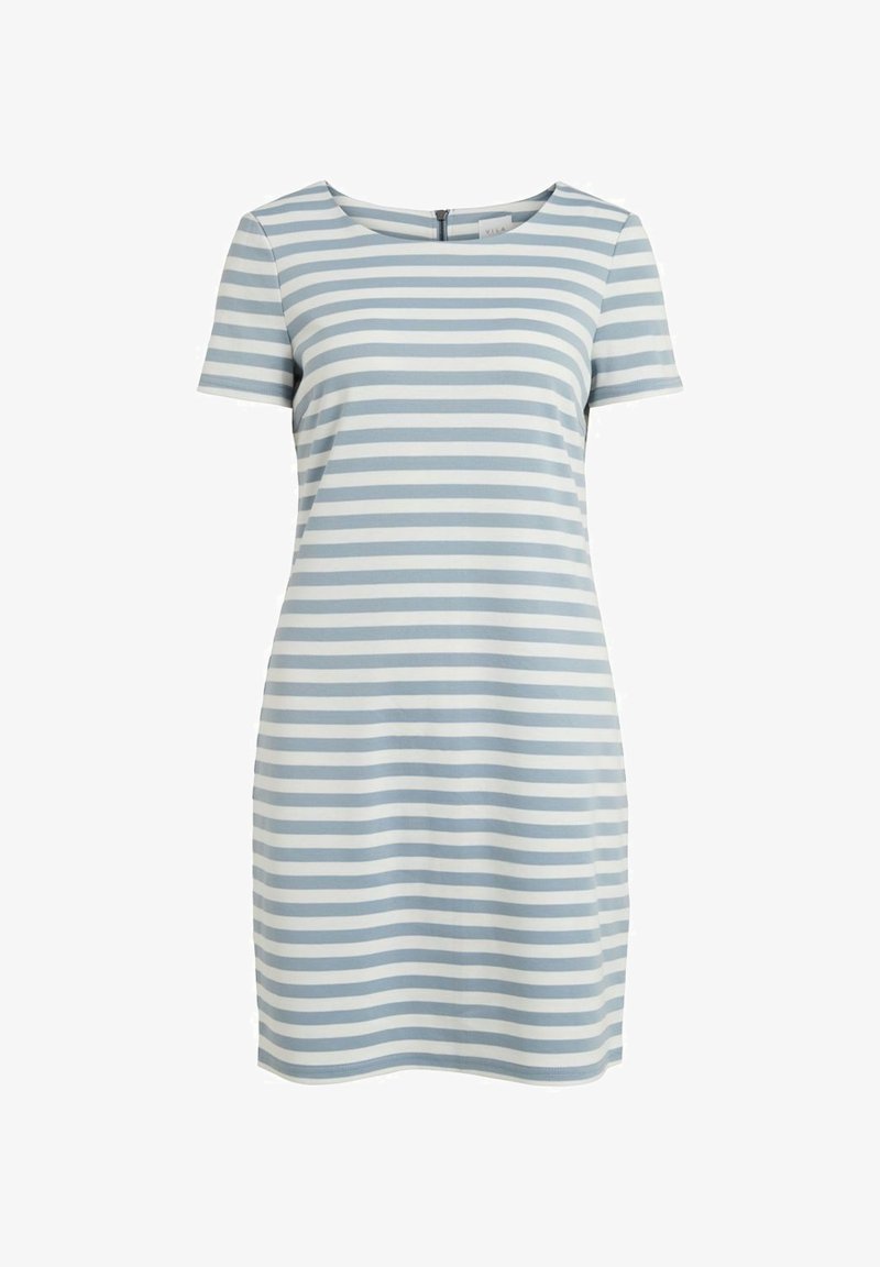 Robe courte à manches courtes, longueur genou, avec des rayures horizontales bleu clair et blanches et un col rond.