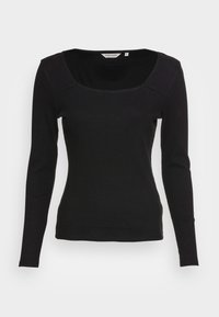 Svart långärmad skjorta med ribbad textur och bred fyrkantig halsringning. Slim fit utan ytterligare mönster eller dekorationer.