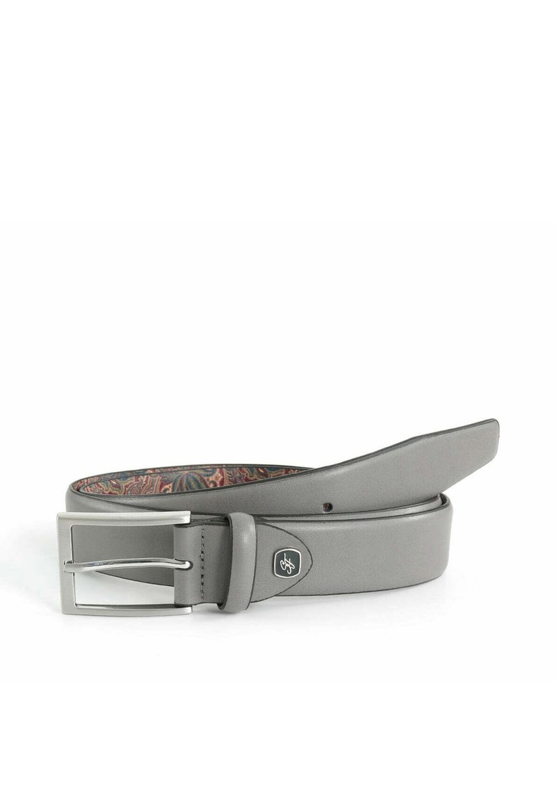 Grauer Ledergürtel mit silberner, rechteckiger Schnalle und einem bunten Paisley-Muster an der Innenseite. Glatte Textur, dezentes Design.