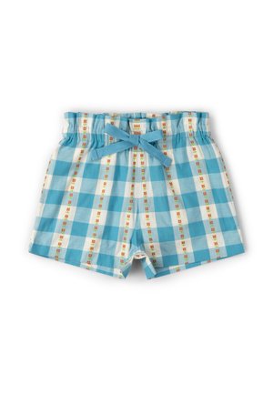 Blau-weiß karierte Shorts für Kleinkinder mit kleinen floralen vertikalen Streifen und einer blauen Stoffschleife am elastischen Bund.