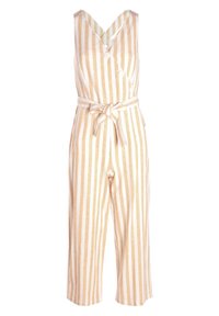 Combinaison rayée en beige et blanc ; présente un décolleté en V, des accents de boutons, une taille à lien et des jambes larges et cropped. Fabriquée en tissu léger.