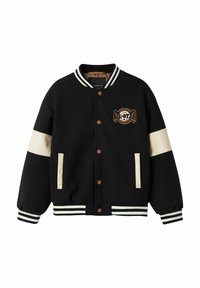 Veste de varsity noire avec des rayures crème, comportant un logo rond et des boutons marron. Manches et ourlet côtelés, fabriquée en tissu texturé.