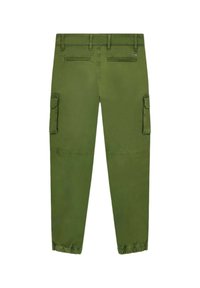 Pantaloni cargo verde oliva con vestibilità regolare, dotati di tasche laterali, due tasche posteriori e orlo alle caviglie per un look affusolato.