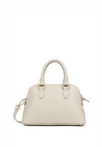 Beige leren handtas met gouden accenten, ronde bovenhandvatten en een afneembare schouderriem. Gestructureerd oppervlak met een gestructureerde vorm.