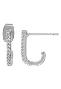 Orecchini a cerchio argento con un design texturizzato e accenti di gemme trasparenti su un lato, che mostrano una forma curvata e una finitura lucida.