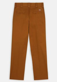 Braune strukturierte Hosen mit geradem Bein-Design. Merkmale sind Gürtelschlaufen, zwei hintere Taschen mit Knöpfen und eine glatte Textur.