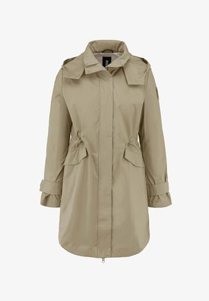 Beżowy długi płaszcz przeciwdeszczowy z wysokim kołnierzem, zatrzaskami z przodu, regulowanymi sznurkami w talii, kieszeniami z klapką i ozdobnymi paskami na mankietach i ramionach.