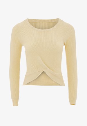 Sárga bordázott hosszú ujjú felső kerek nyakkivágással és csavart elülső részletével, puha textúrával és testhezálló kialakítással.
