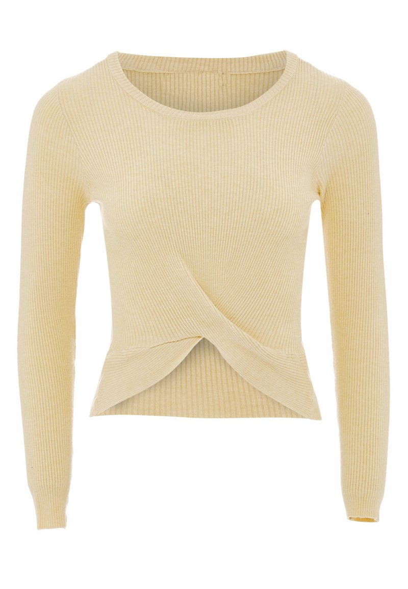 Top lungo a maniche ribattute giallo con scollo rotondo e dettaglio incrociato frontale, caratterizzato da una trama morbida e un design aderente.