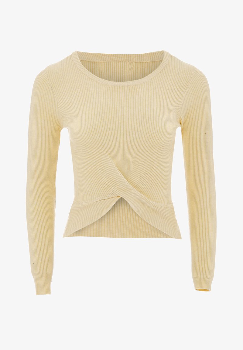 Gelbes geripptes Langarmshirt mit Rundhalsausschnitt und einem Twist-Front-Detail, das eine weiche Textur und eine figurbetonte Passform aufweist.